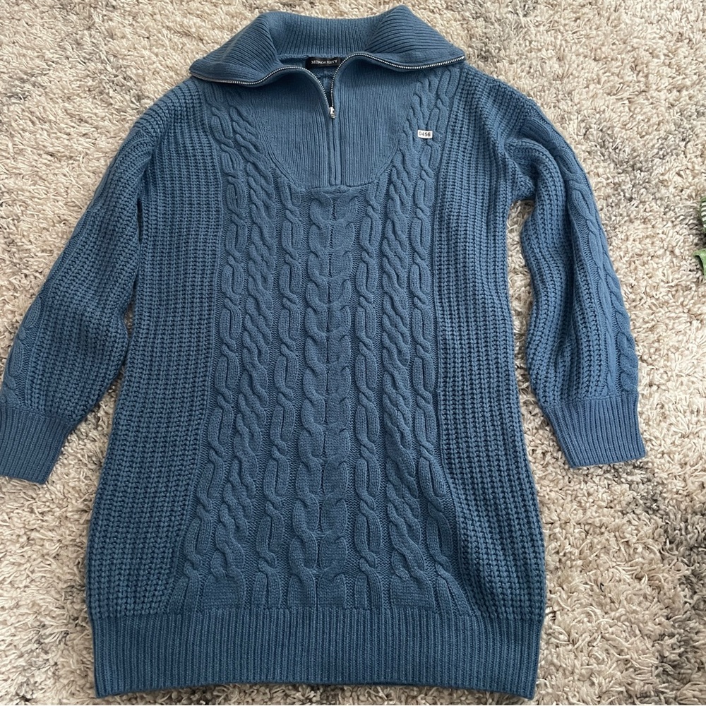 Merokeety Blue‎ Elegant Cable Knit Shawl Collar Sweater dress, Dress Up